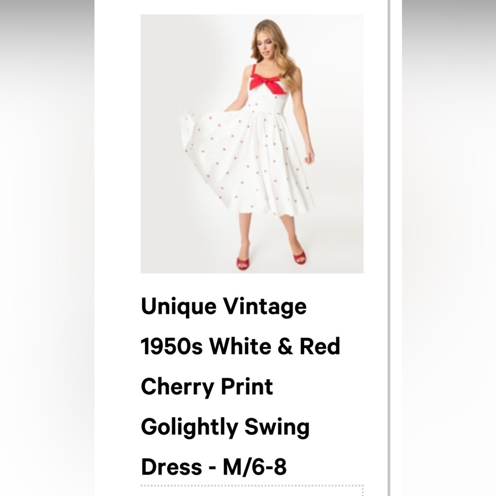 Unique Vintage 1950s White & Red Cherry Print Golightly Swing Dress